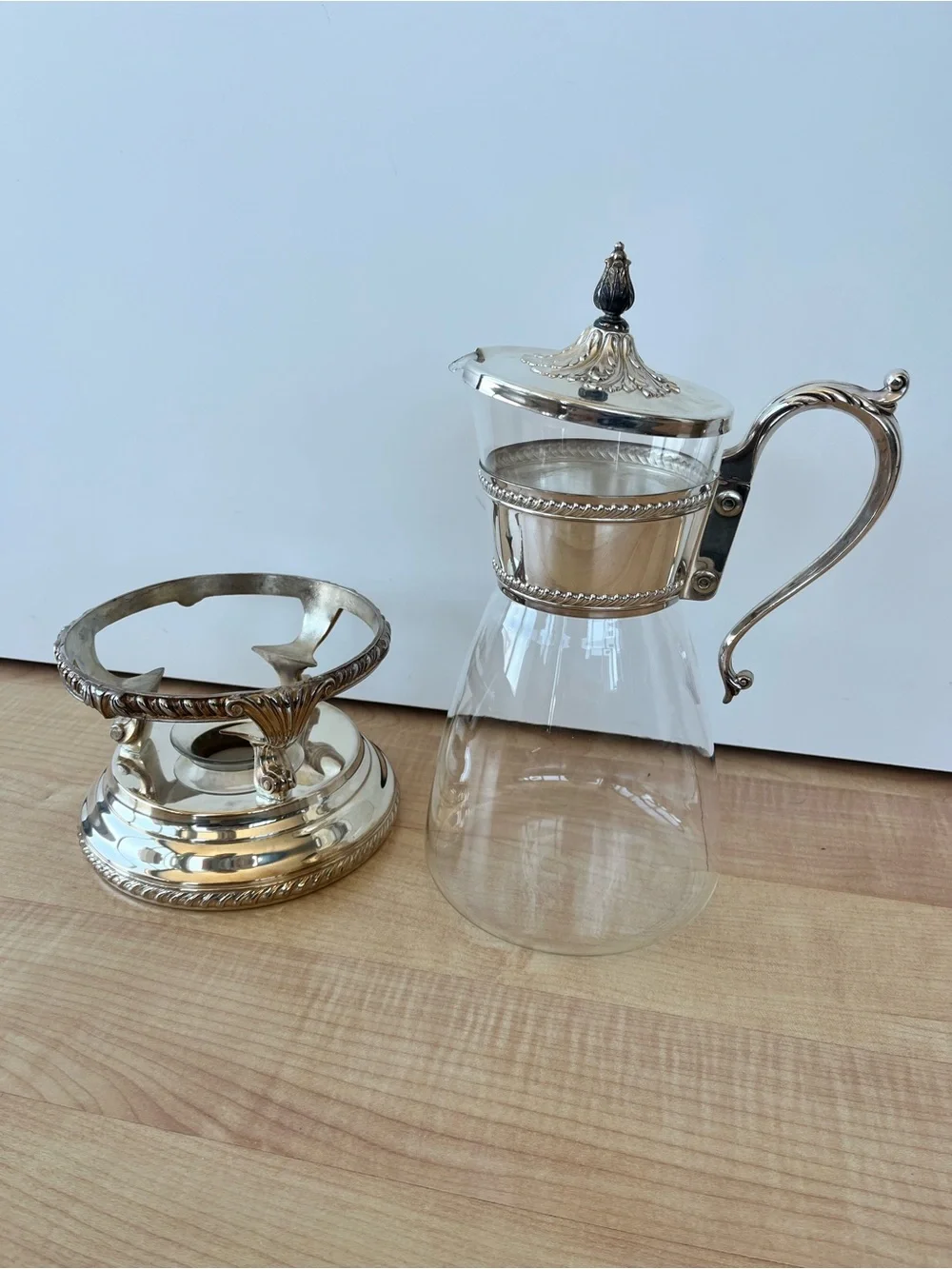 Vintage Silver-Plate Glass Pitcher with Ornate Handle & Warmer Base. Excellent!